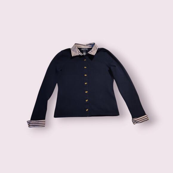 Jones New York Women's Cardigan‎ Sweater Size Small Navy Striped Collar/Cuff - Picture 1 of 7